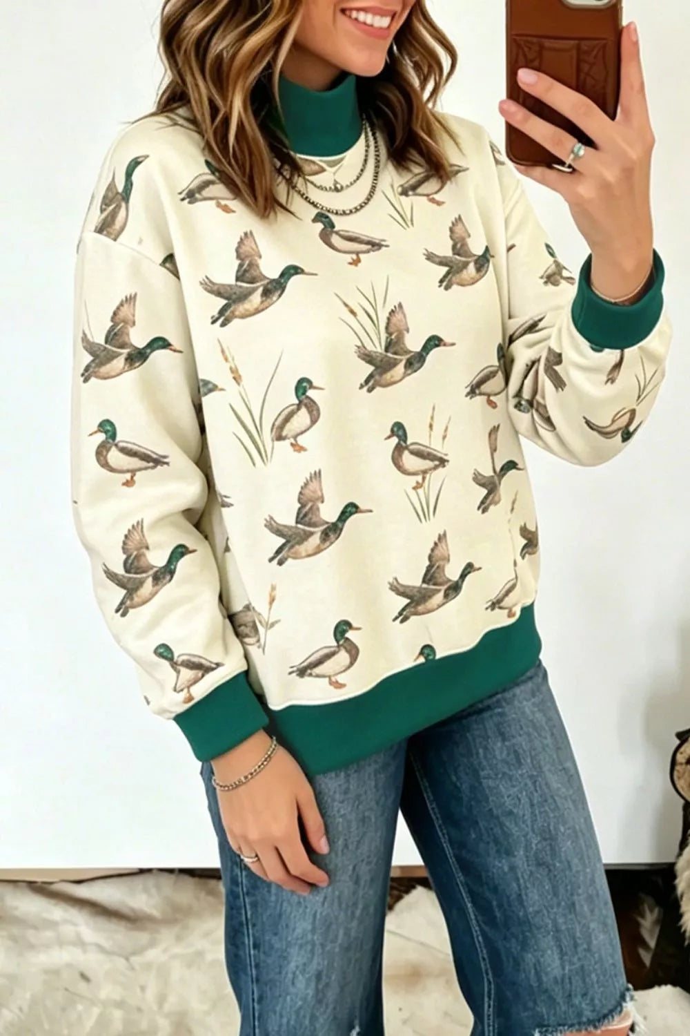 Duck Print Mock Neck Sweatshirt - Beige - View 3