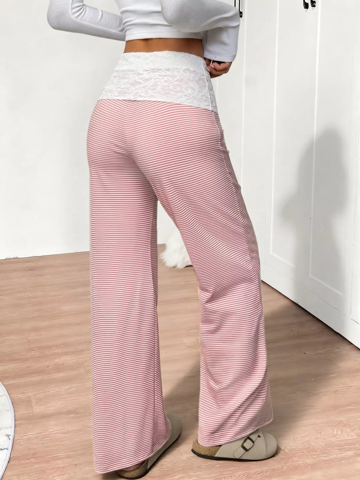 Lace Detail Striped Pants - Pink - View 5