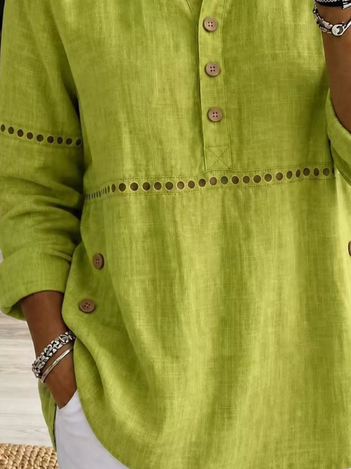 Full Size Button Detail Eyelet Long Sleeve Blouse Plus Size - Fluorescent Yellow - View 3
