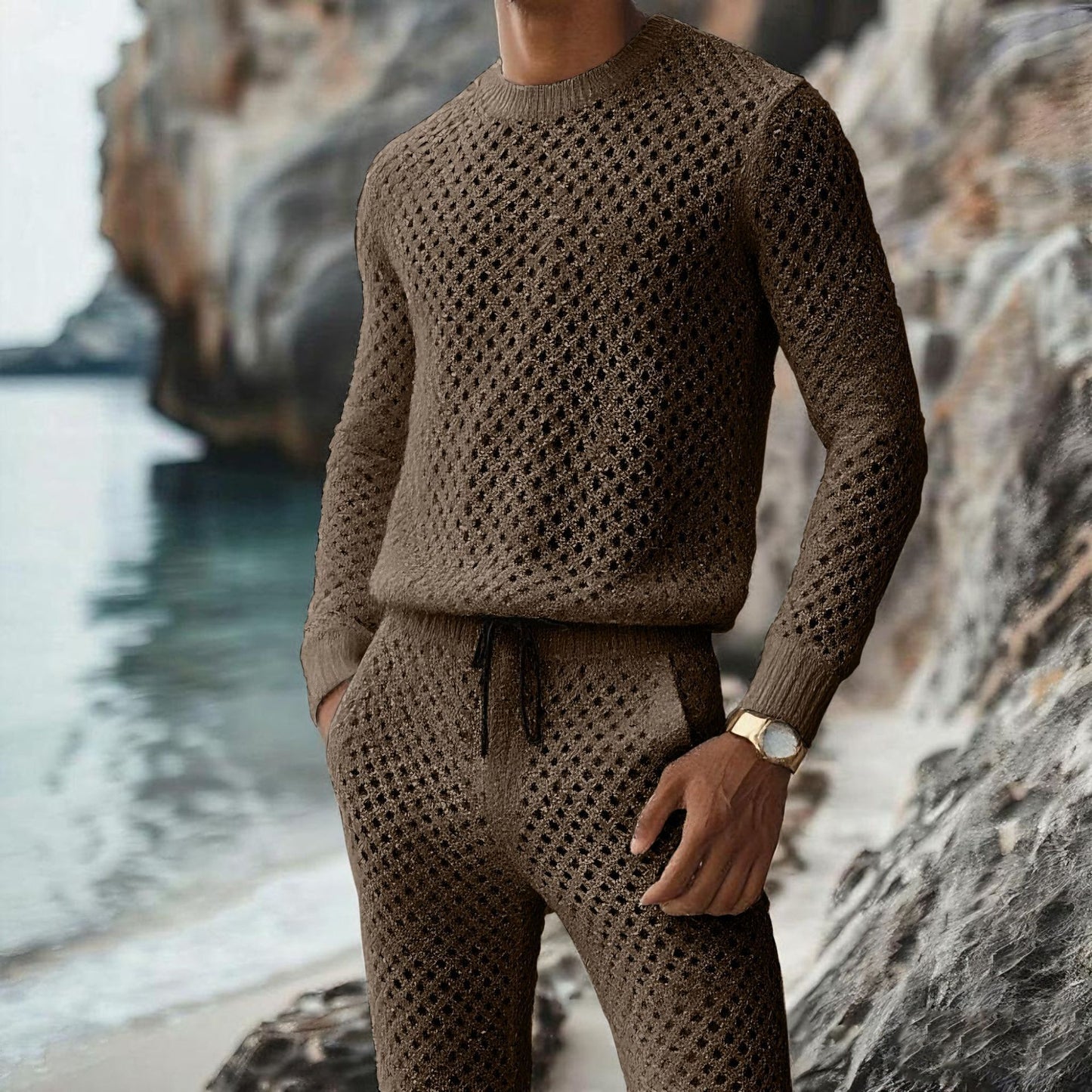 Summer New Casual Vertical Stripe Knitted Suit-Fit Slim Fit Turn-Down Collar Short Sleeve Button-Up Shirt Shorts Men's Summer Wear
