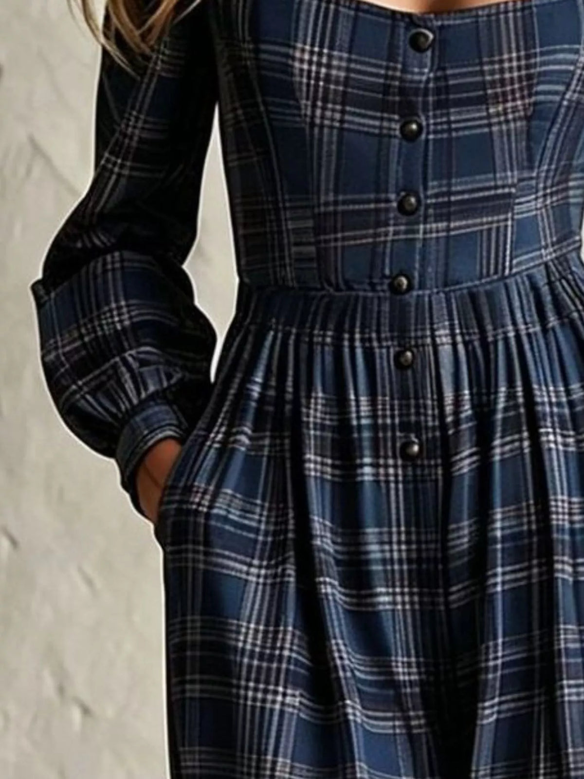 Plaid Square Neck Long Sleeve Wide Leg Jumpsuit - Dark Navy - View 2