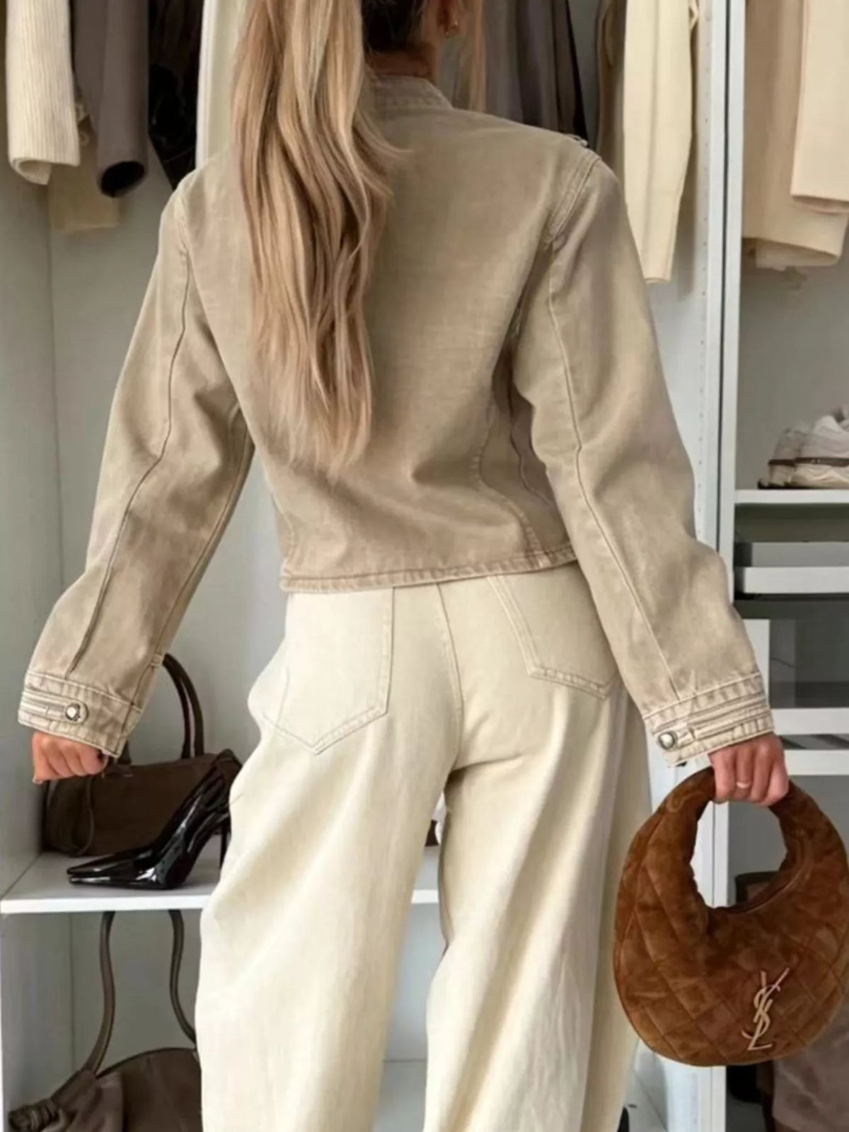 Decorative Button Cropped Denim Jacket - Khaki Color - View 3