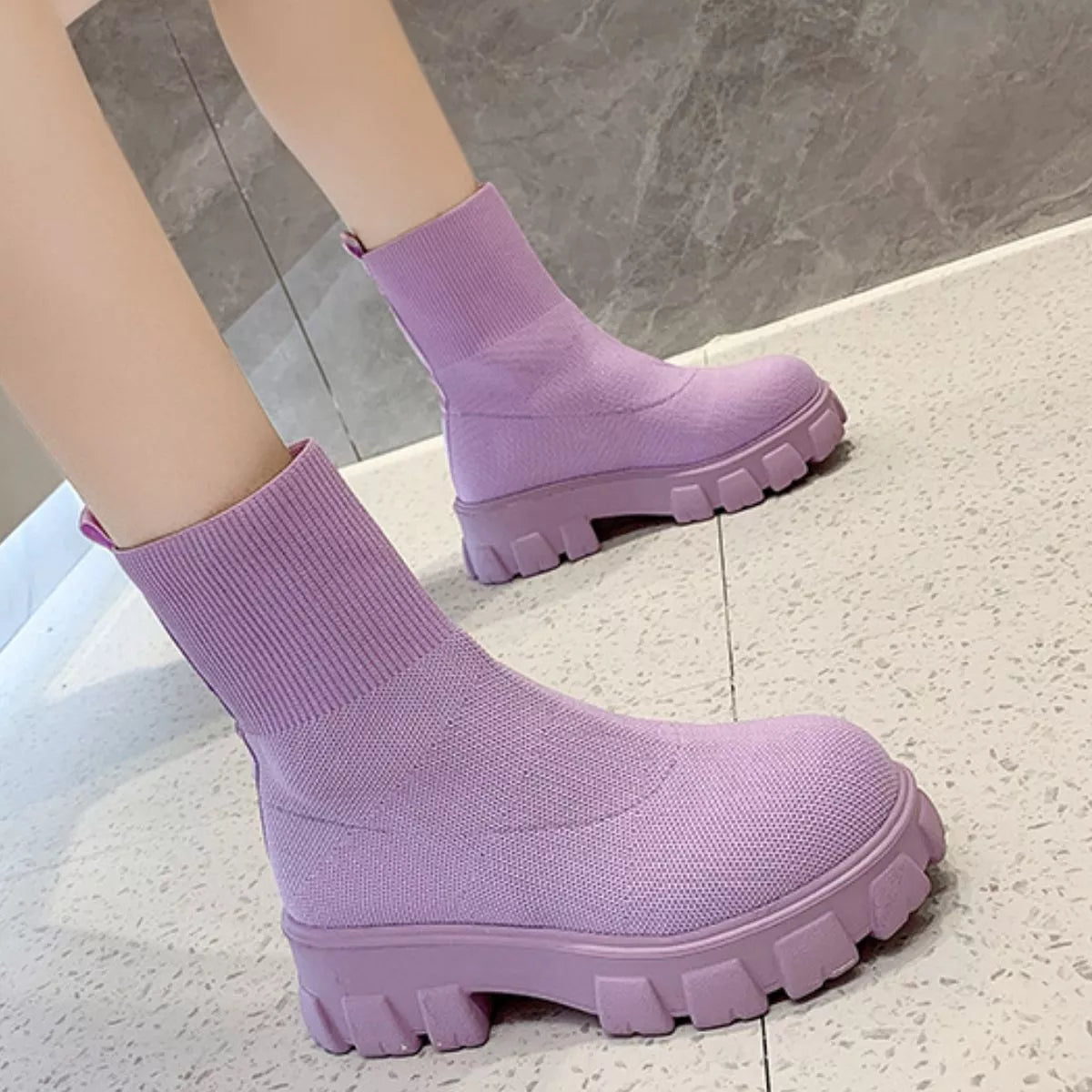 Round Toe Block Heels Boots - Lavender - View 24