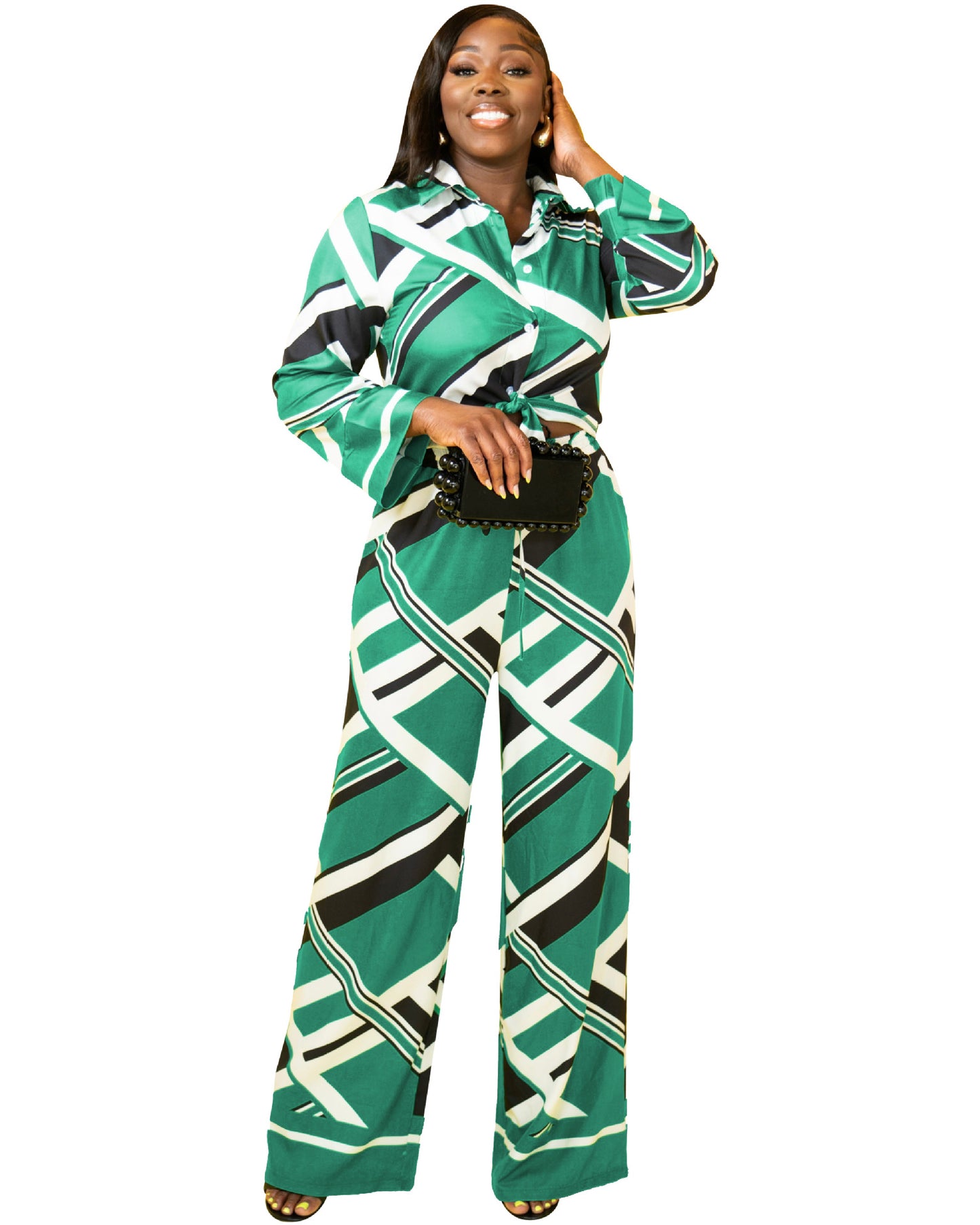 Casual Wide-Leg Pants Set with Abstract Pattern for Women Loose Fit Long Pants