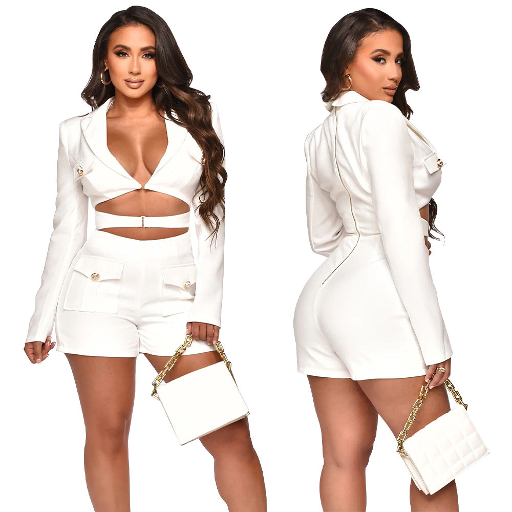 Deep V solid color jumpsuit