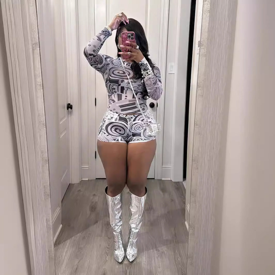 Tight and sexy printed round neck elastic casual long sleeved shorts set