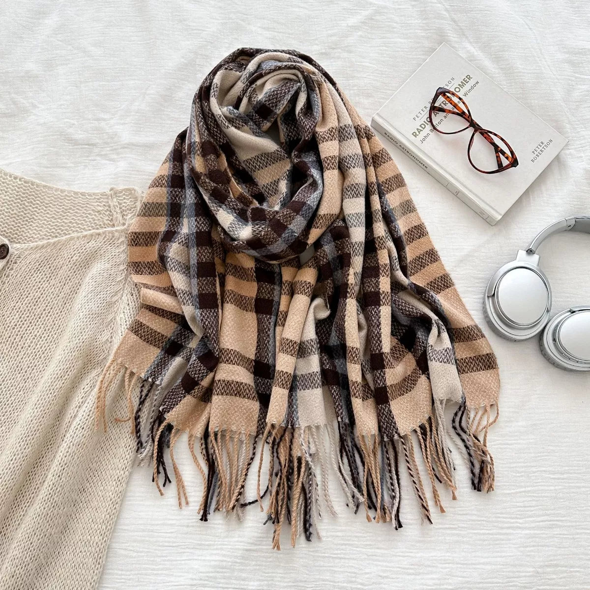 Warm Plaid Fringe Scarf - Style F - View 7