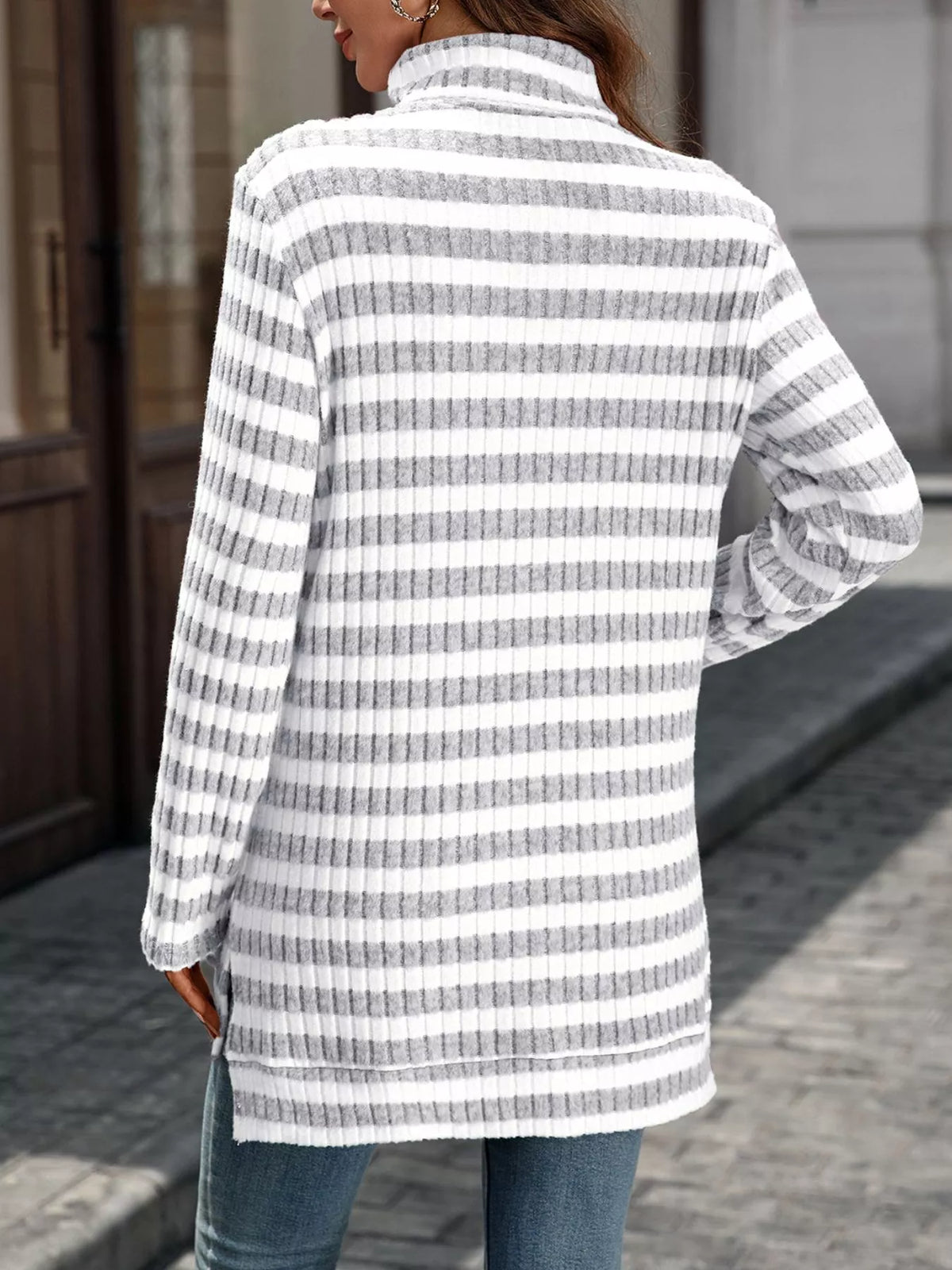 Striped Ribbed Knit Turtleneck Long Sleeve T-Shirt - Light Gray - View 6