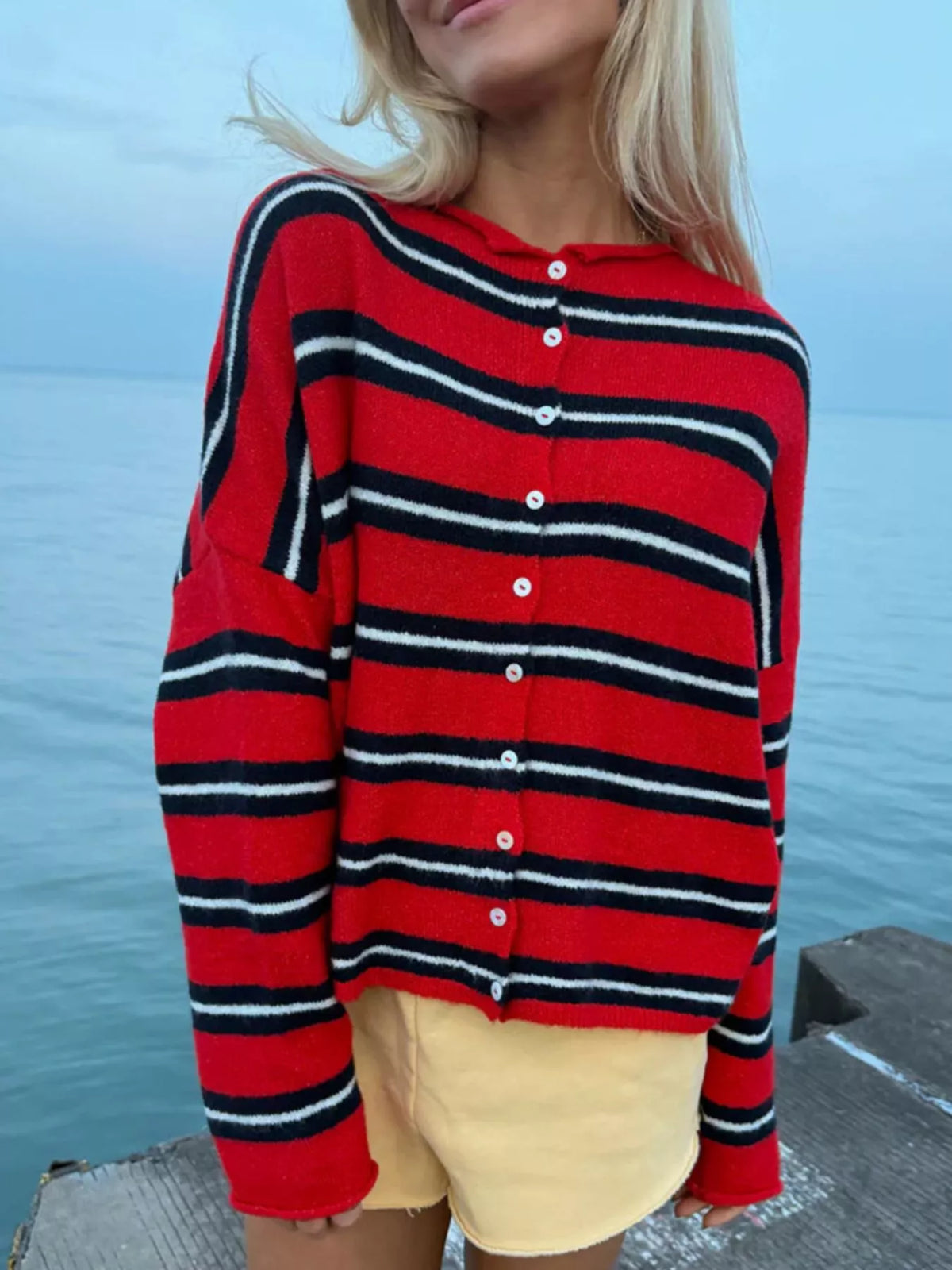 Striped Button-Down Knit Cardigan - Deep Red - View 6