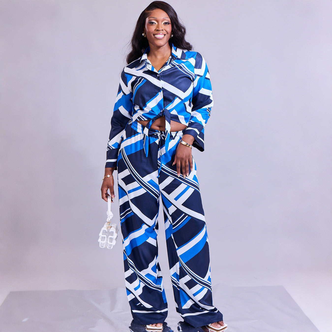 New Casual Commute Abstract Long Sleeve Tie-neck Turn-down Collar Shirt Wide-leg Pants Set