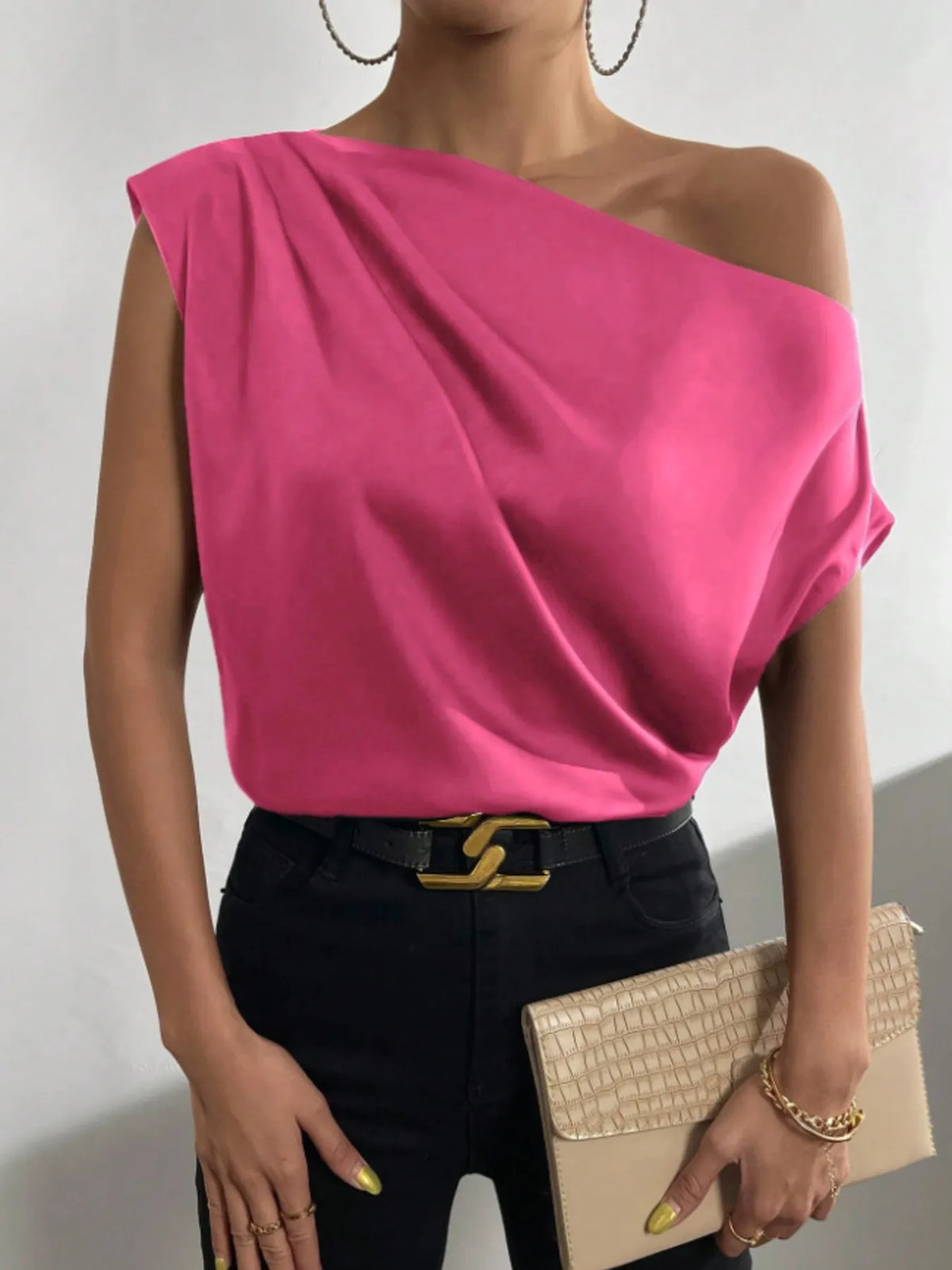 Asymmetrical One-Shoulder Draped Blouse - Rose Red - View 12