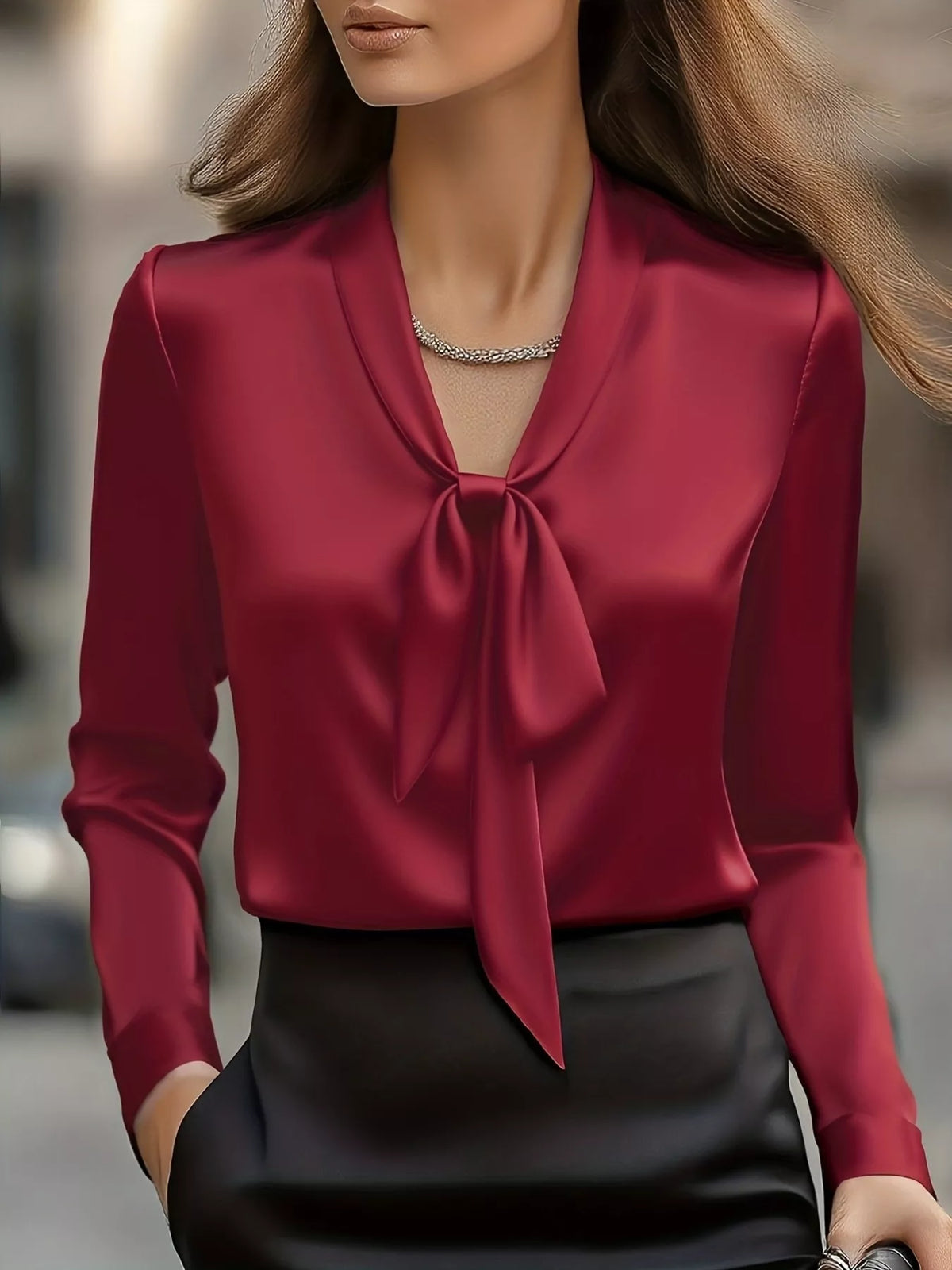 Satin Tie Front Long Sleeve Blouse - Wine Red - View 4