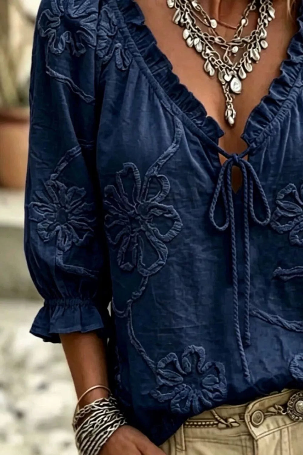 Floral Tie Neck 3/4 Sleeve Blouse - Navy - View 3