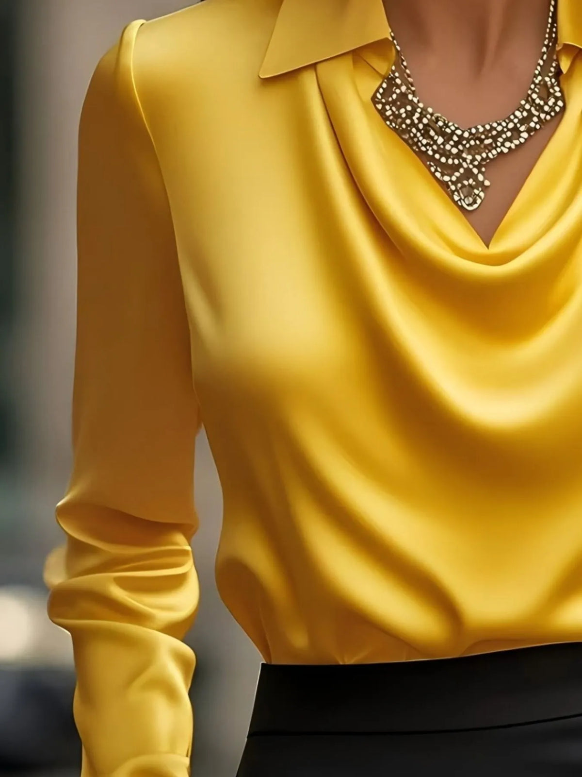 Satin Collar Long Sleeve Blouse - Gold - View 12