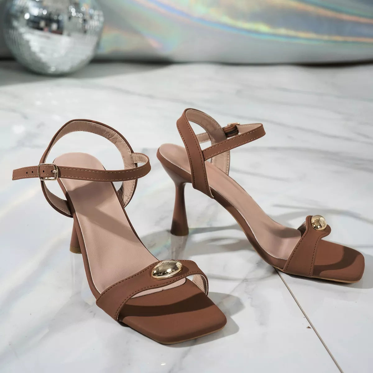 Open Toe Flare Heels Sandals - Brown - View 11