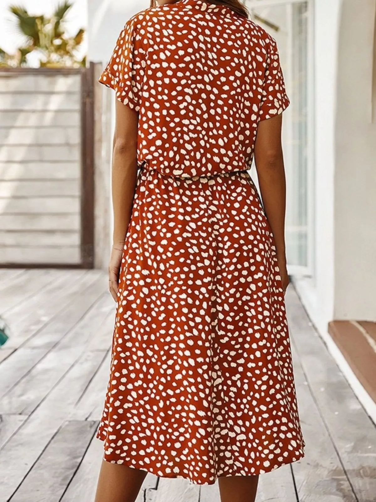 Animal Print Drawstring Waist Midi Dress - Rust - View 2