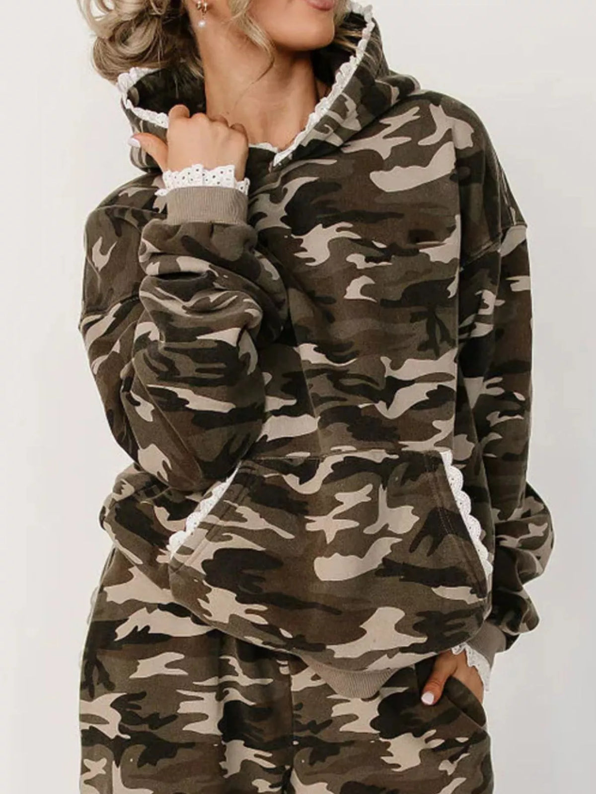 Lace Trim Kangaroo Pocket Hoodie - Green Camouflage - View 4