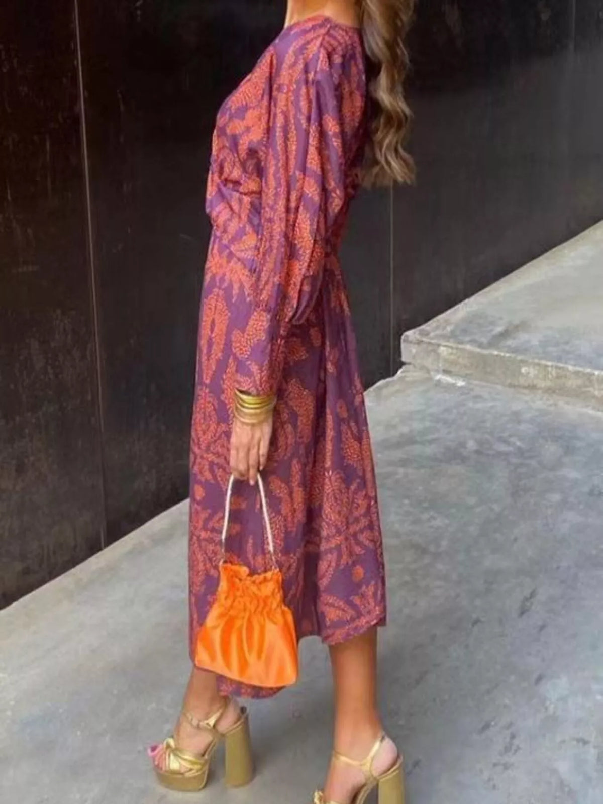 Full Size Printed V-Neck Long Sleeve Twisted Midi Dress Plus Size - Purple - View 4