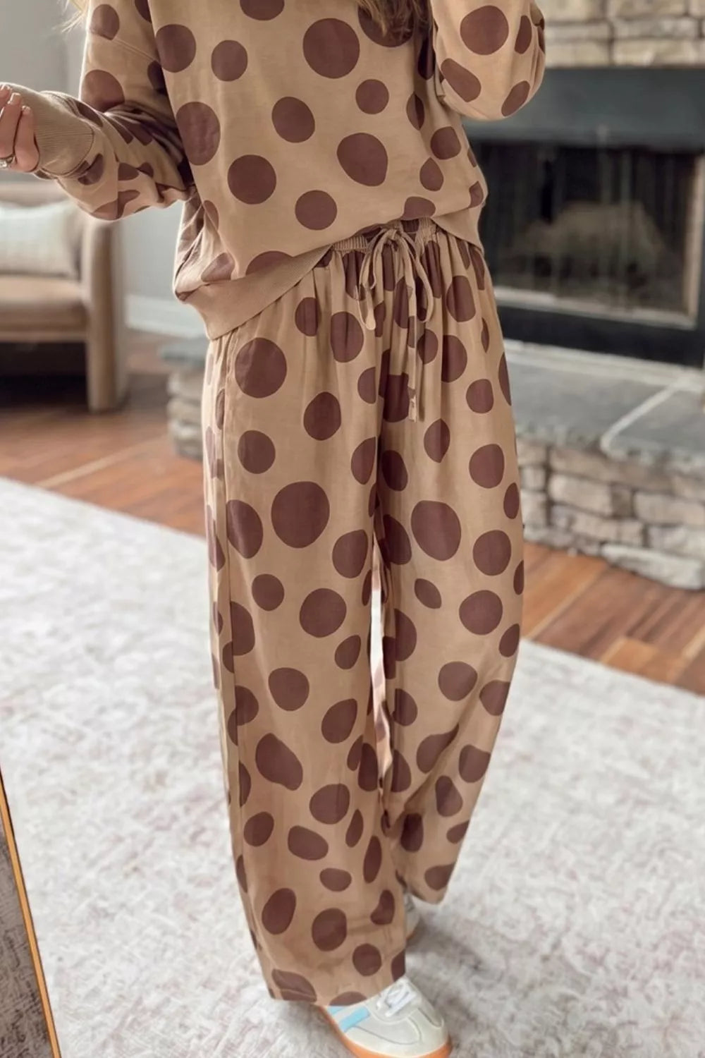 Polka Dot Top and Pants Two-Piece Set - Khaki - View 3