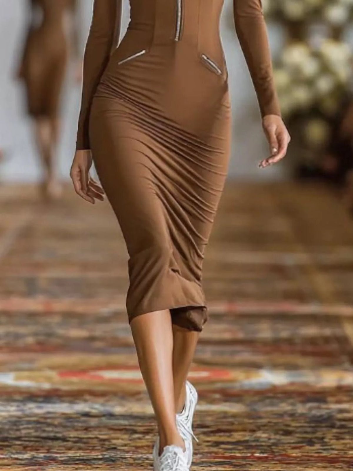 Full Size Zip-Front Bodycon Midi Dress Plus Size - Dark Brown - View 3