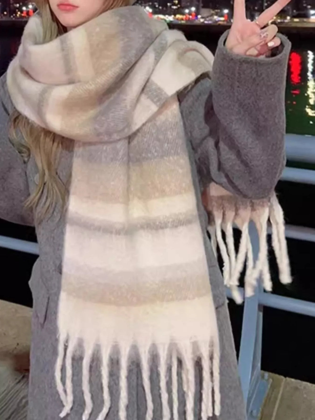 Striped Fringe Scarf - Khaki - View 4