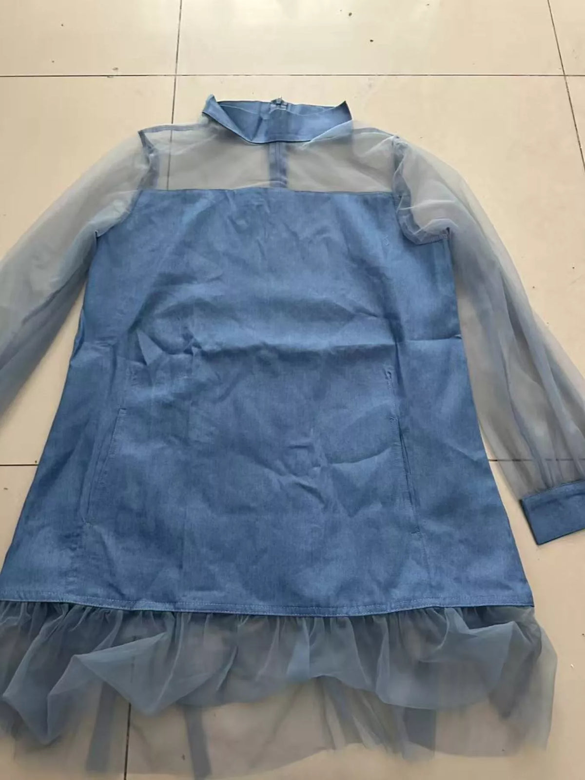 Sheer Mesh Turtleneck Mini Dress - Peacock Blue - View 4