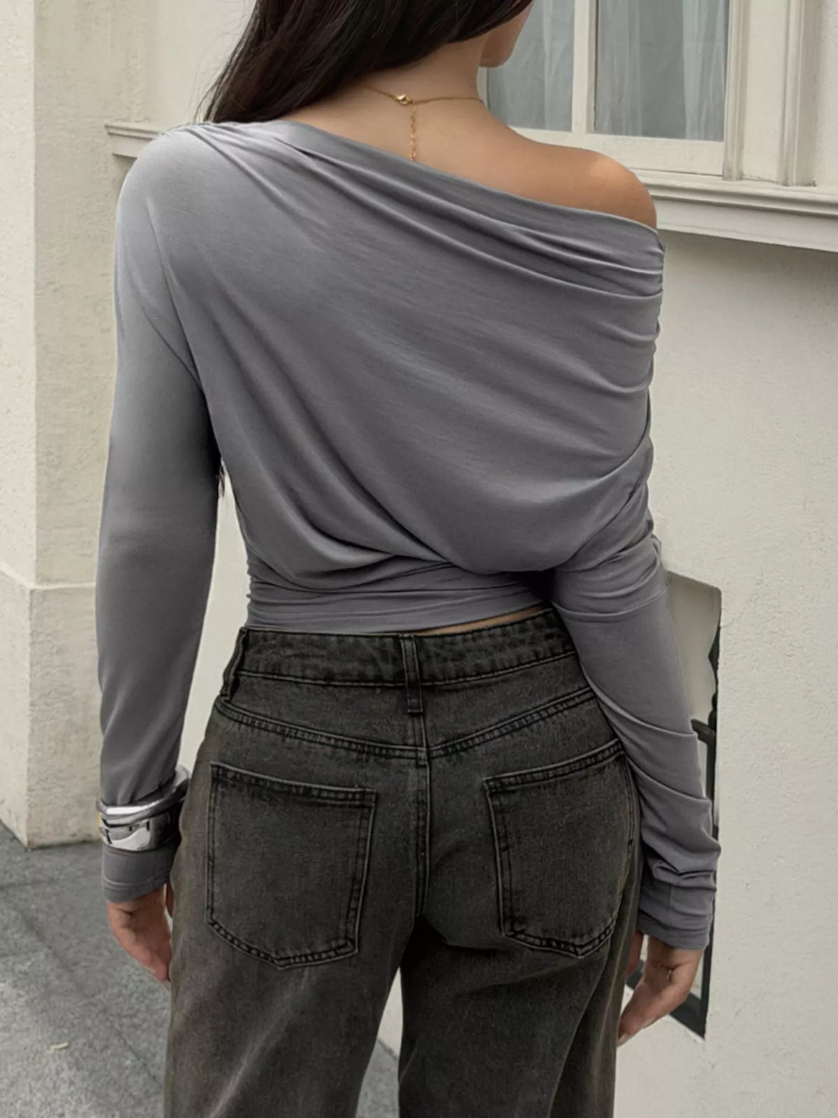 Ruched Long Sleeve Slim Fit T-Shirt - Dark Gray - View 5
