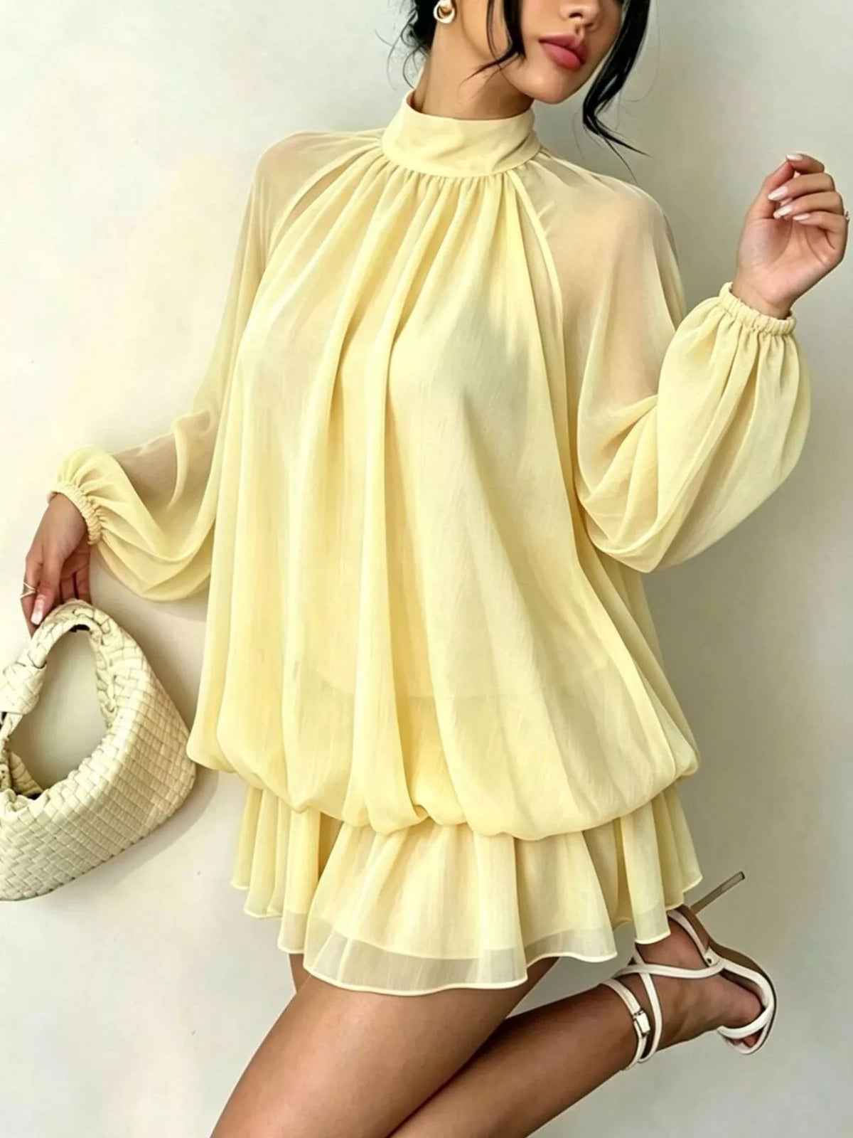 Mock Neck Sheer Chiffon Mini Dress - Pastel Yellow - View 10