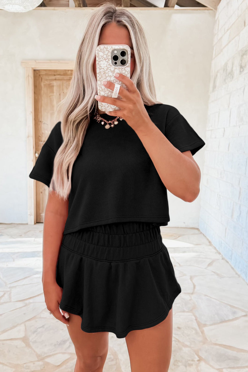 Beige 2pcs Cropped Tee and Ruffle High Waist Skort Set
