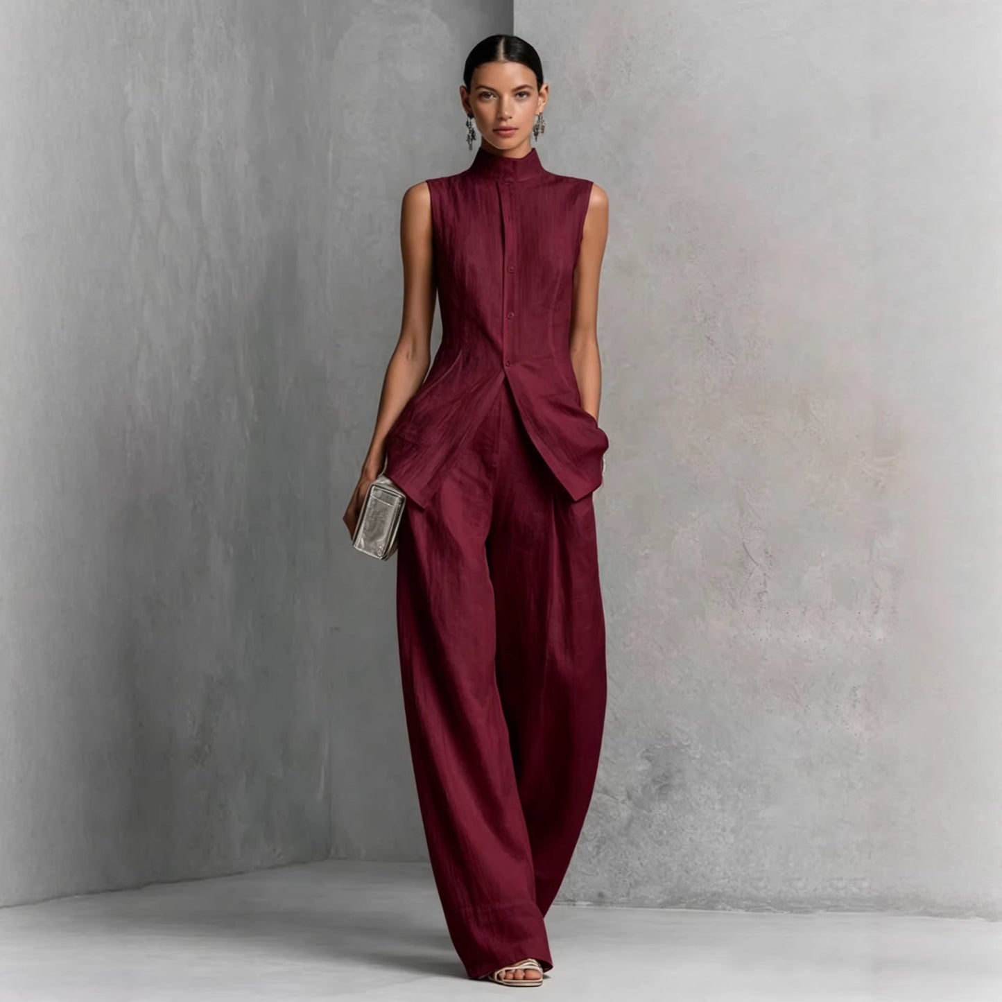 Solid color sleeveless pants set