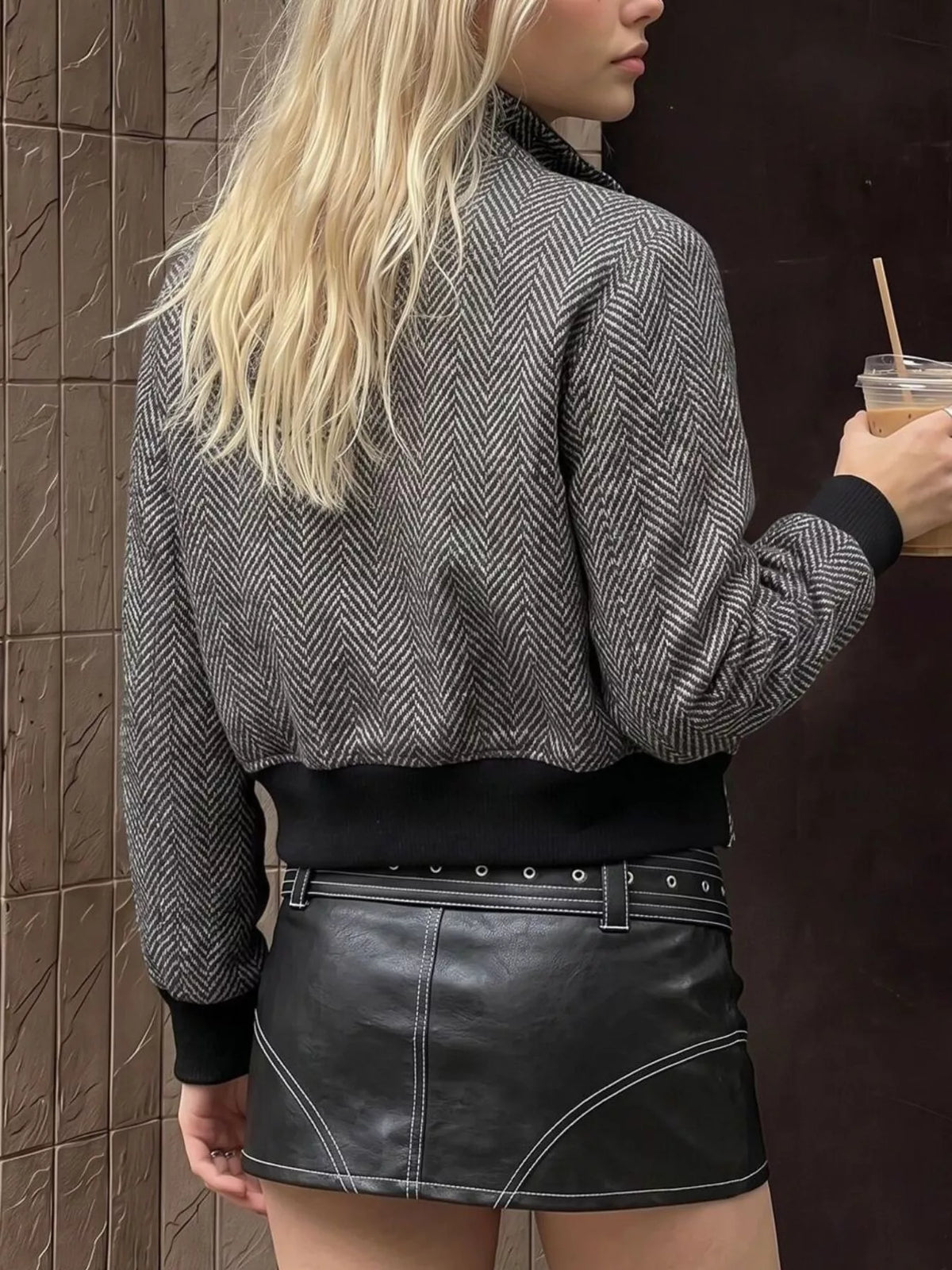 Herringbone Double-Breasted Cropped Outerwear - Black - View 5