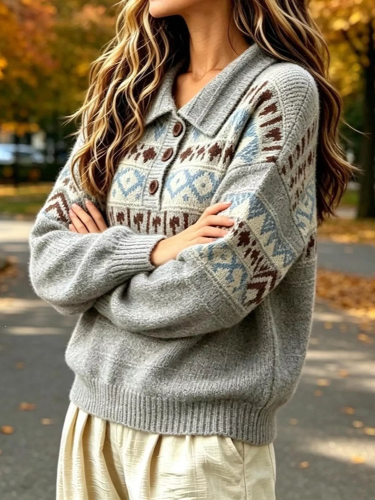 Full Size Vintage Fair Isle Pattern Polo Collar Sweater Plus Size - Gray - View 7