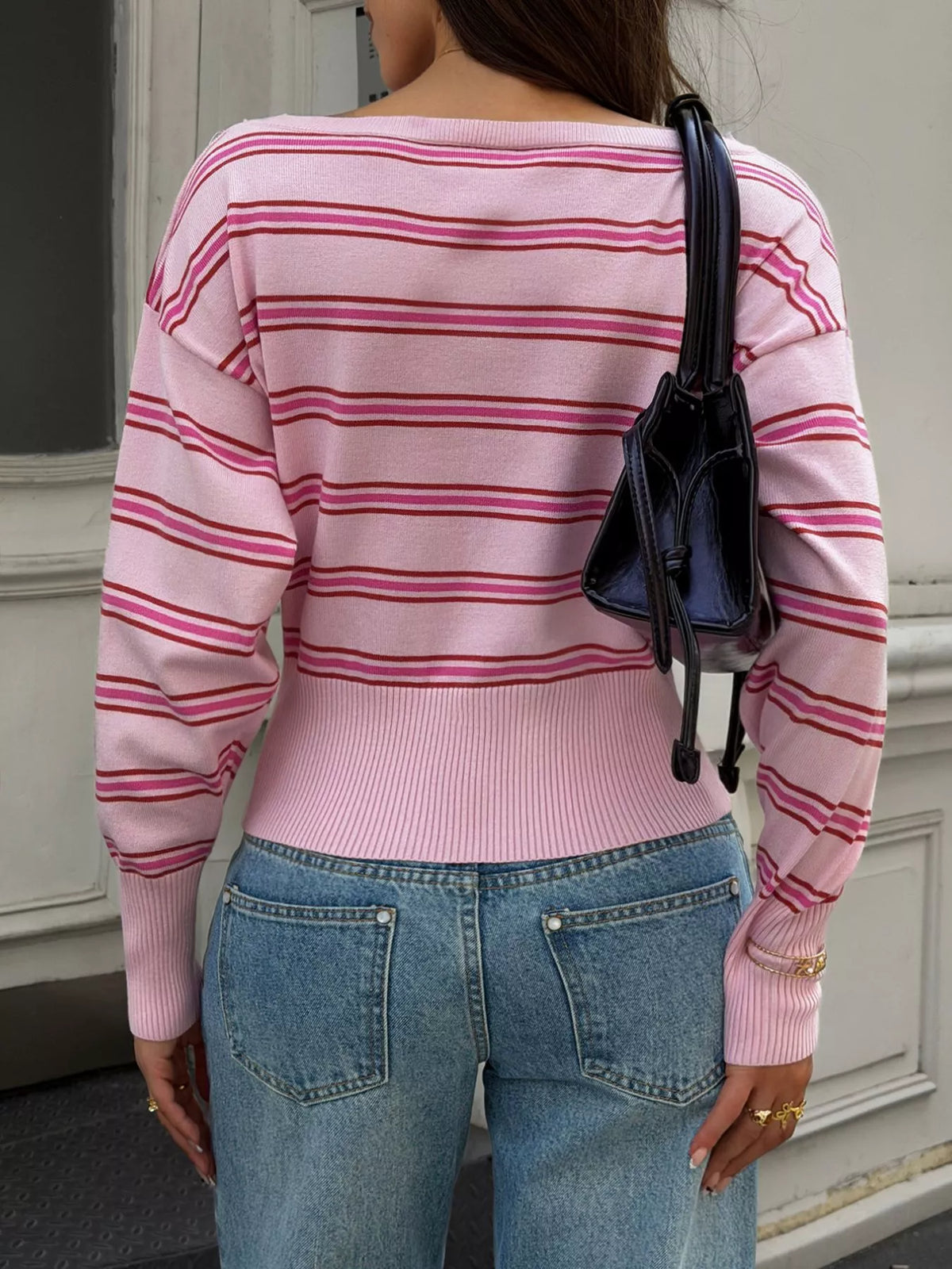 Off-Shoulder Striped Knit Top - Pink - View 5