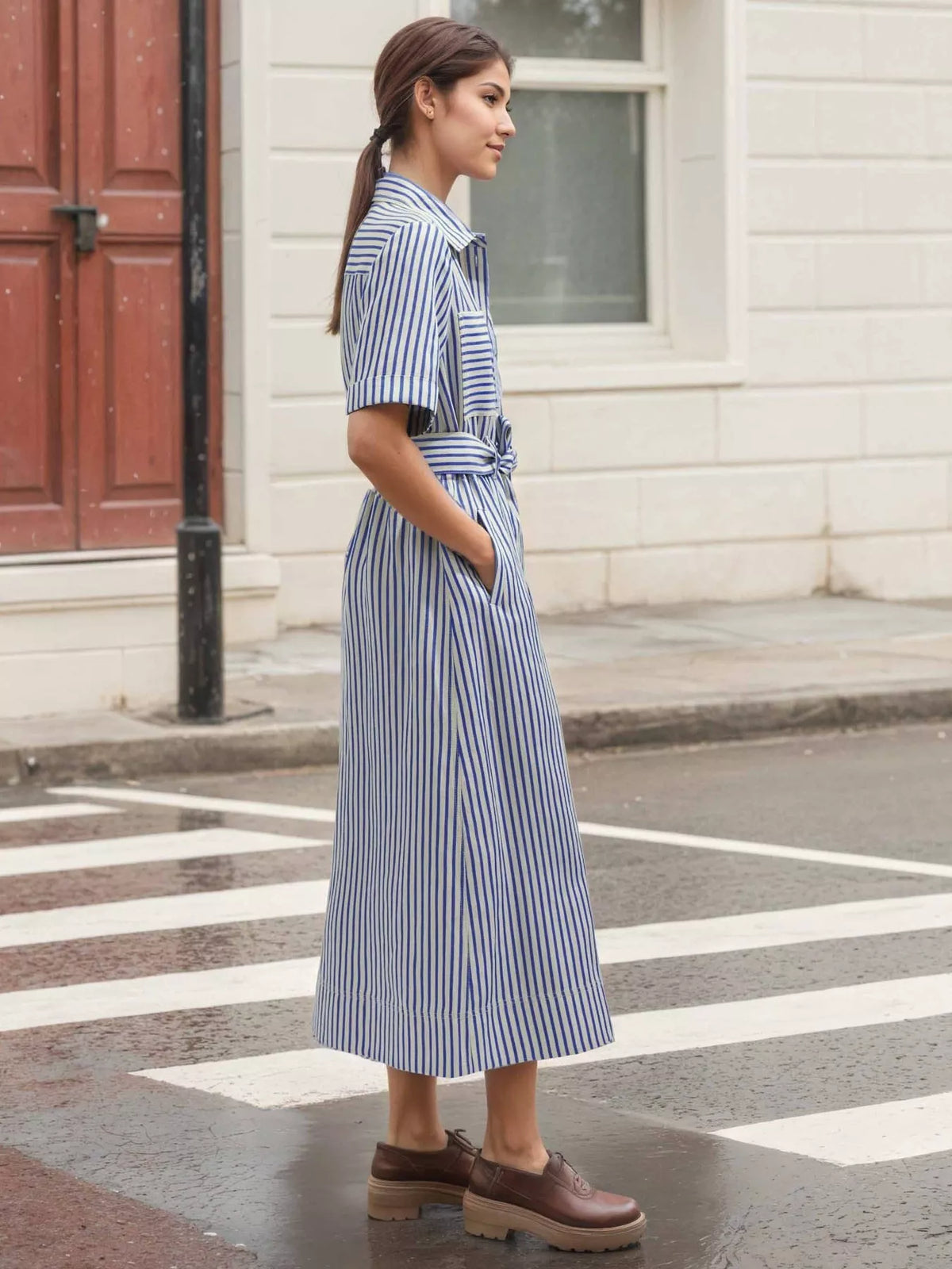 Striped Button Front Shirt Dress - Blue Stripes - View 2