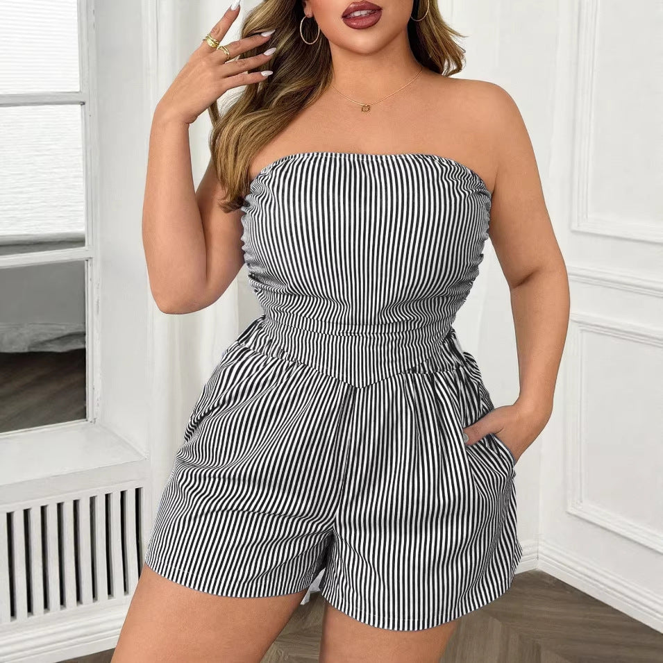 New Women's Sexy Striped Crop Top and Shorts Two-piece Set