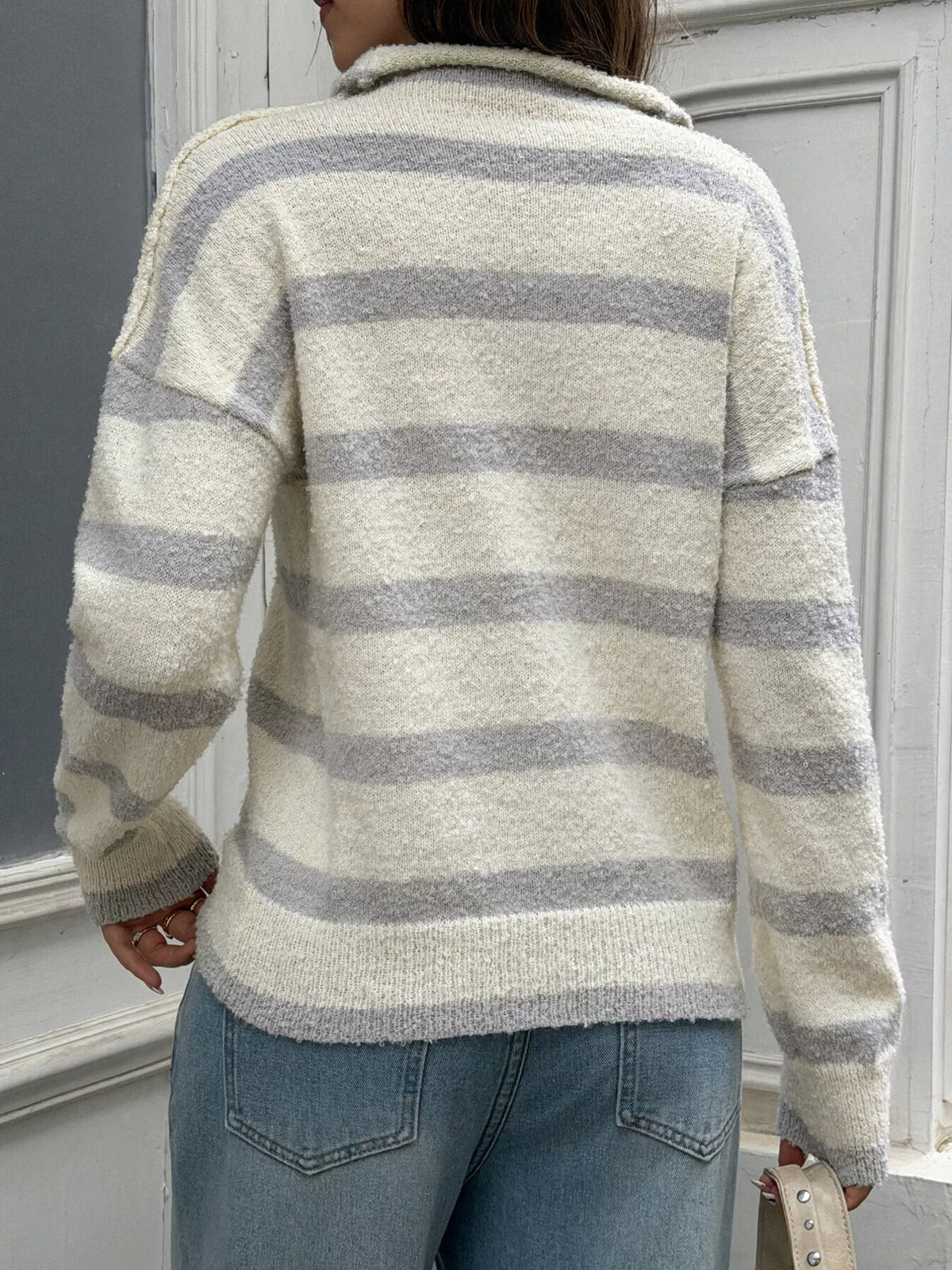 Striped Mock Neck Button-Down Textured Cardigan - Gray And Apricot Stripes - View 5