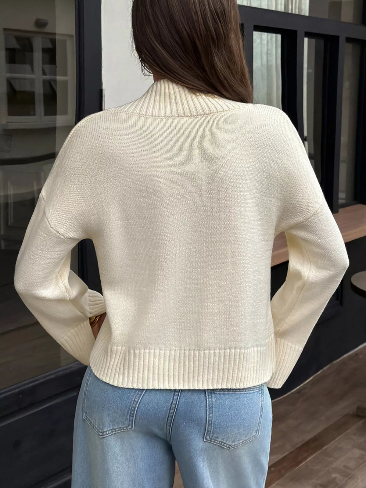 Mock Neck Dropped Shoulder Sweater - Beige - View 5