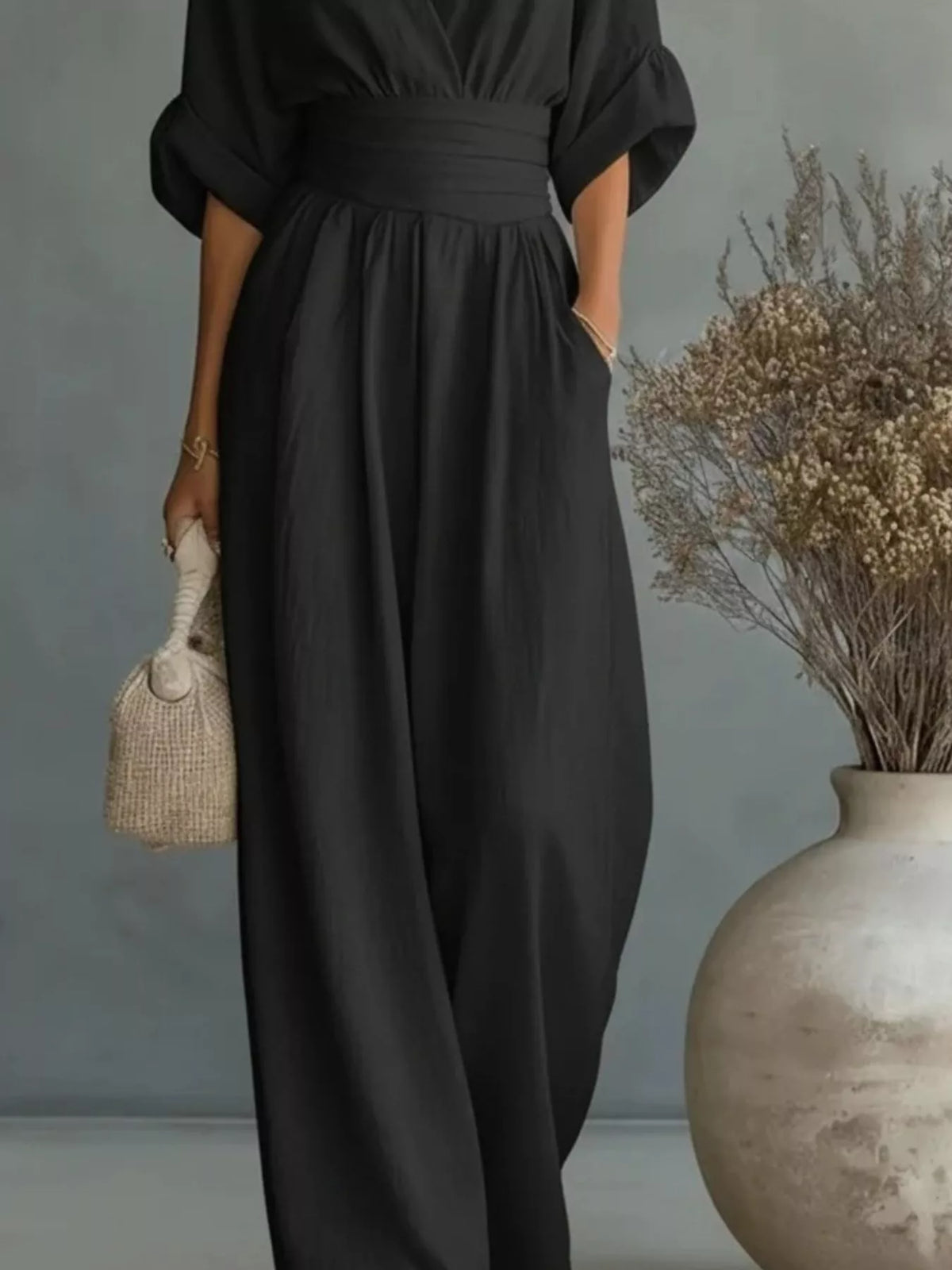 Full Size Half Sleeve Wide-Leg Jumpsuit Plus Size - Black - View 3
