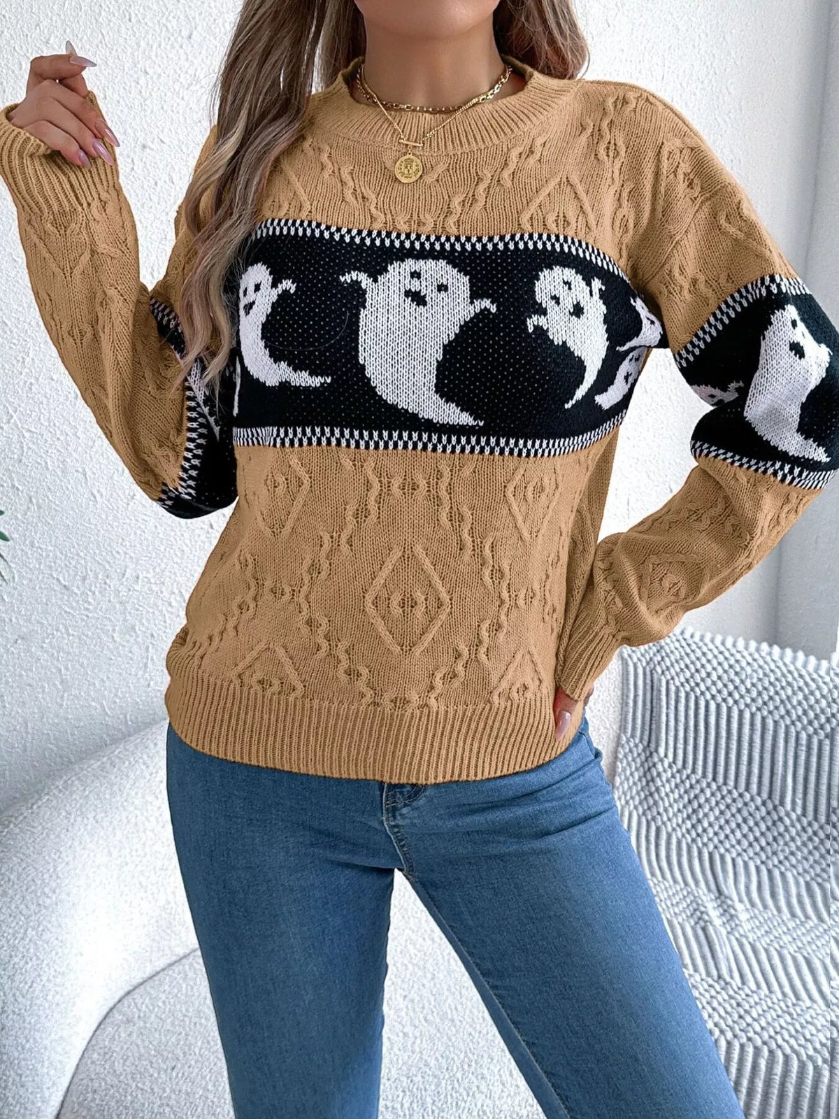 Halloween Ghost Pattern Textured Sweater - Camel - View 4
