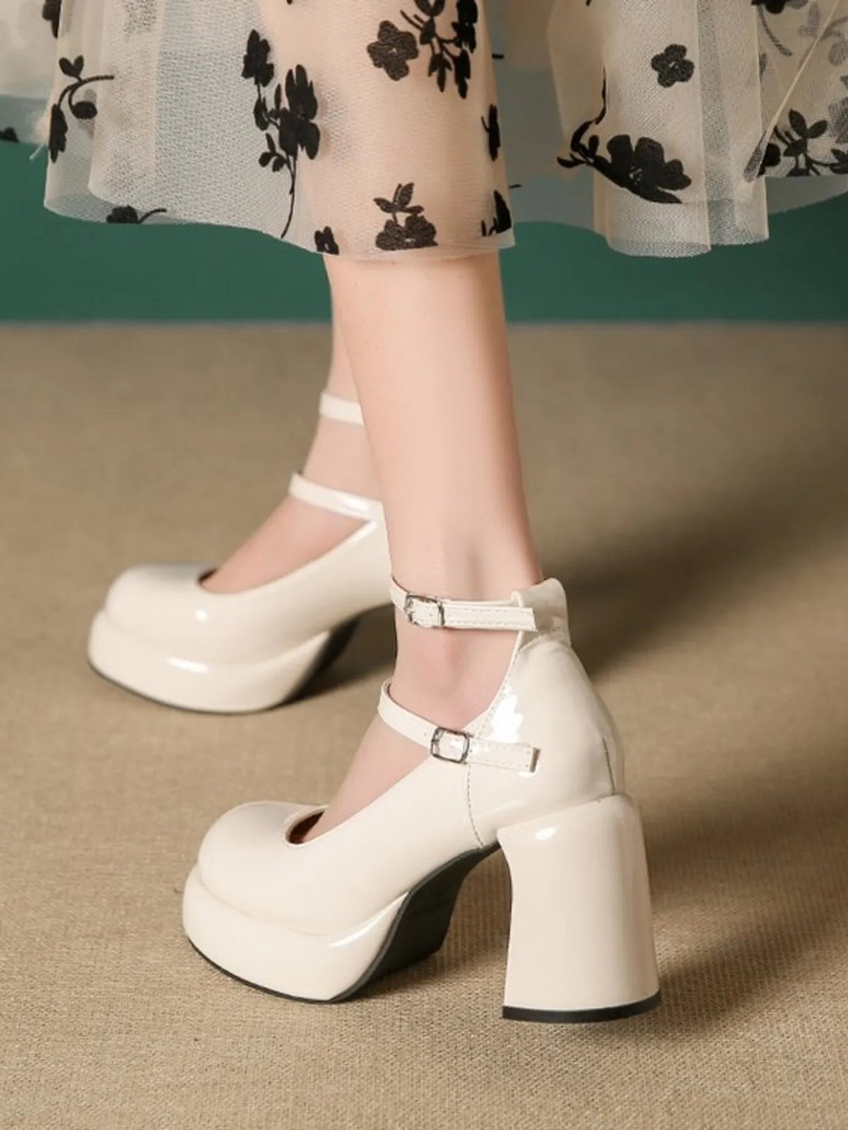 Patent Leather Mary Jane Platform Pumps - Cream - View 20
