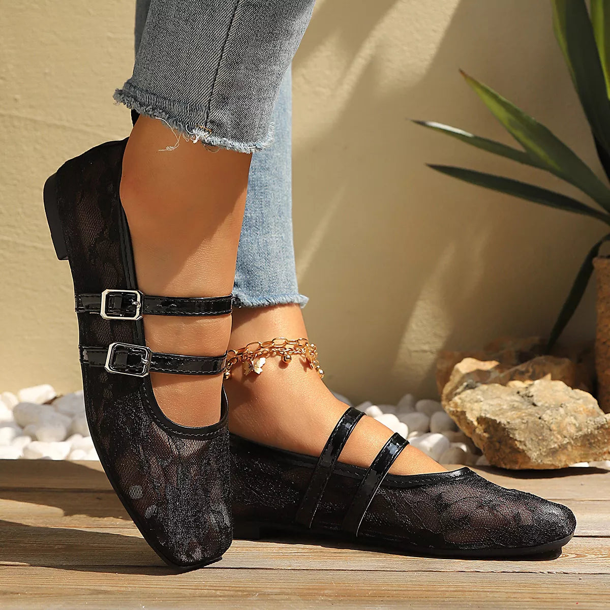 Square Toe Lace Slip-Ons - Black - View 2