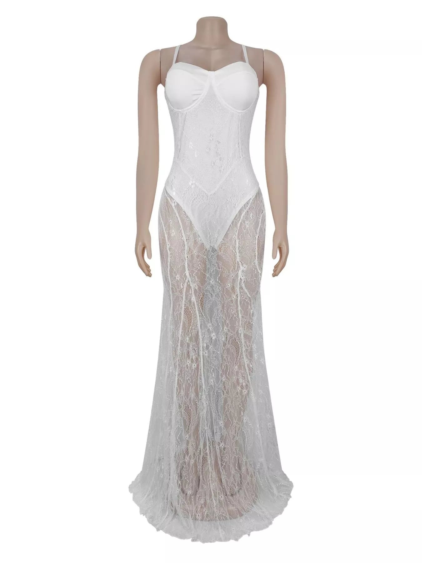 Sweetheart Neck Sheer Lace Maxi Dress - White - Front Mannequin View