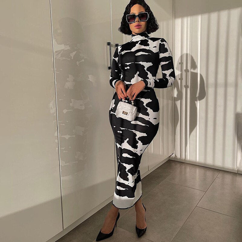 Women Fashion Autumn Long Sleeve Printed Bodycon Pencil Long Dress Streetwear Fall Clothes Wholesale Items