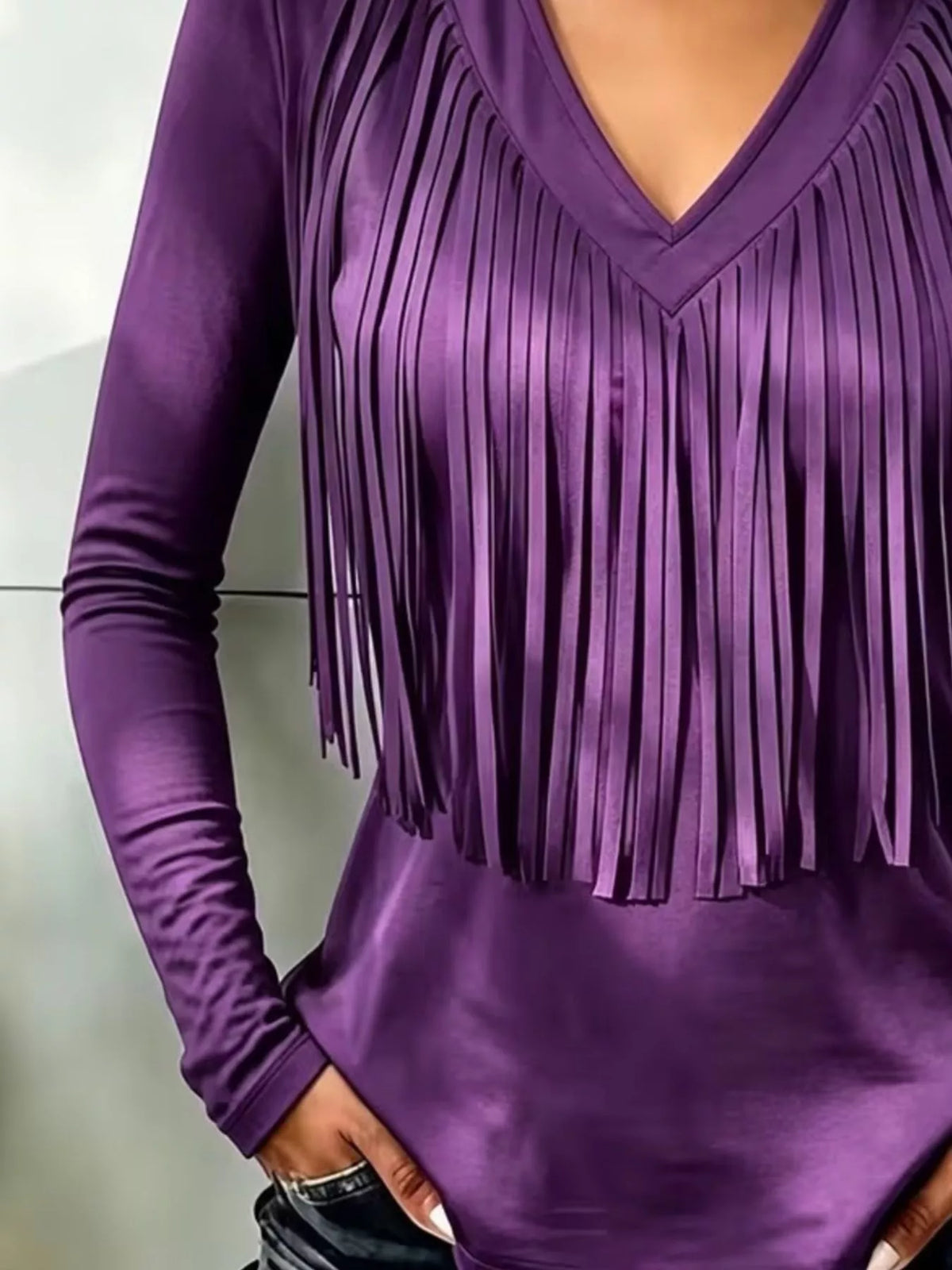 Fringe V-Neck Long Sleeve T-Shirt - Purple - View 2
