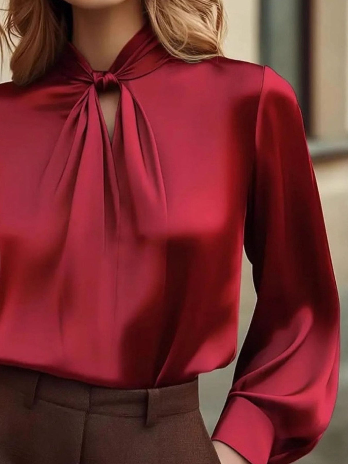 Satin Cutout Front Blouse - Red - View 9