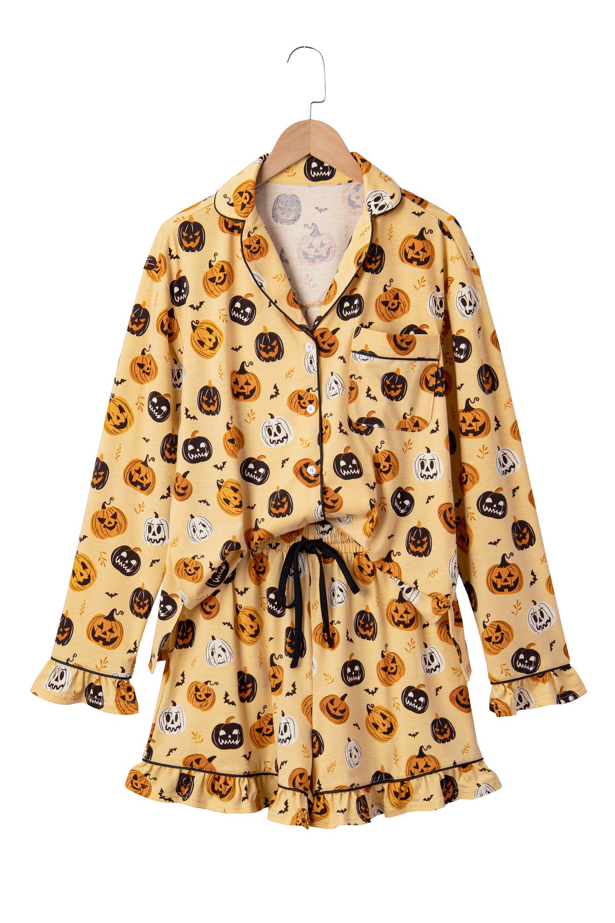 Orange Long Sleeve Ruffle Pumpkin Face Print Two Piece Lounge Set - product photo 19