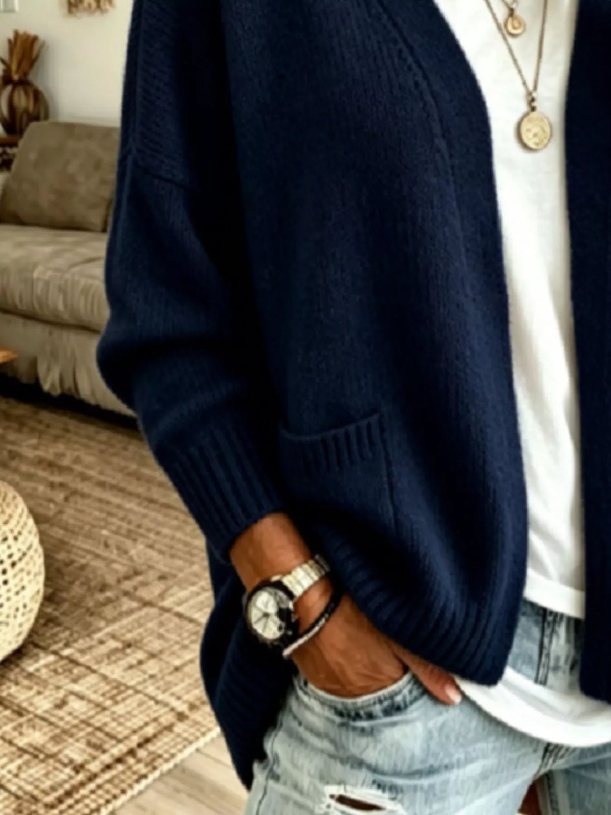 Open Front Knit Cardigan with Pockets - Navy - View 9