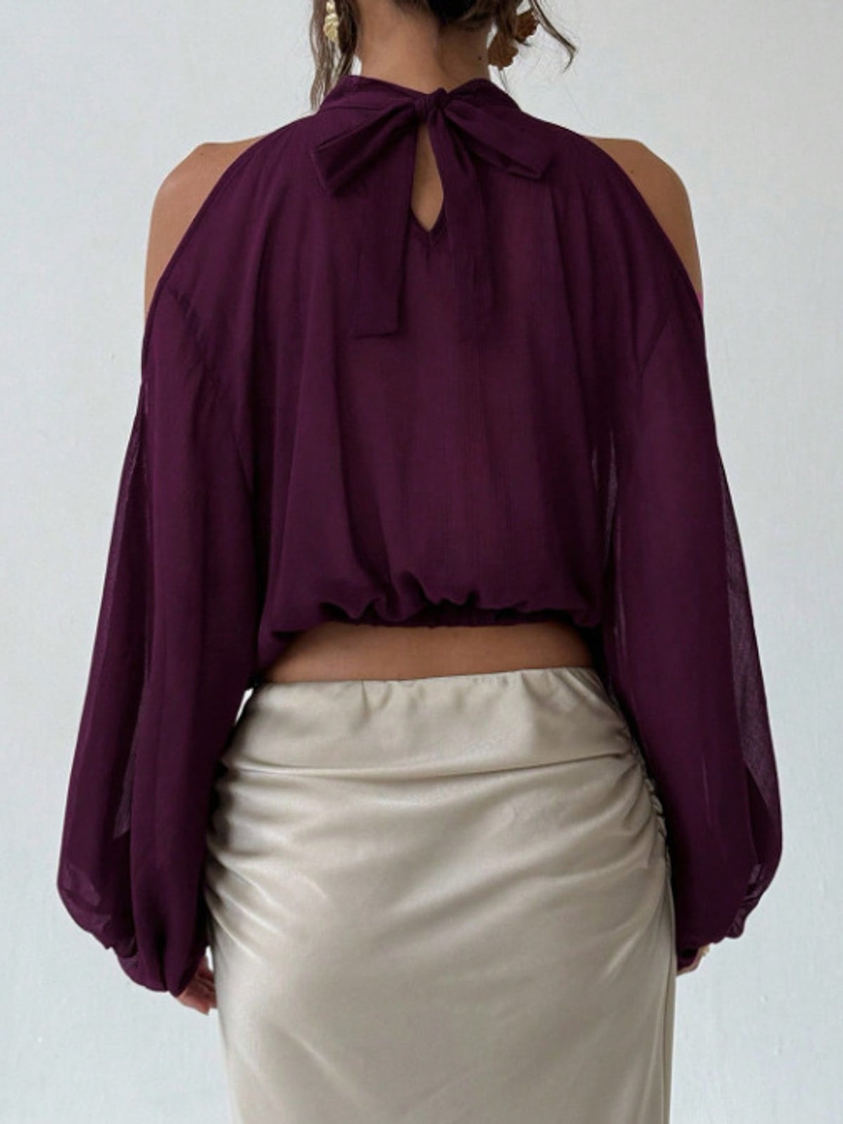 Cold-Shoulder Long Sleeve Blouse - Purple - View 18