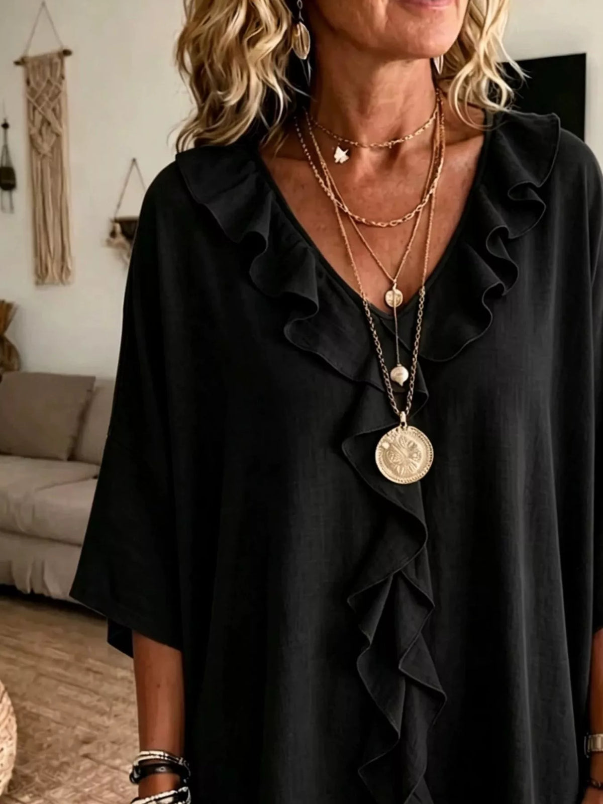 Full Size Ruffle V-Neck 3/4 Sleeve Blouse Plus Size - Black - View 10