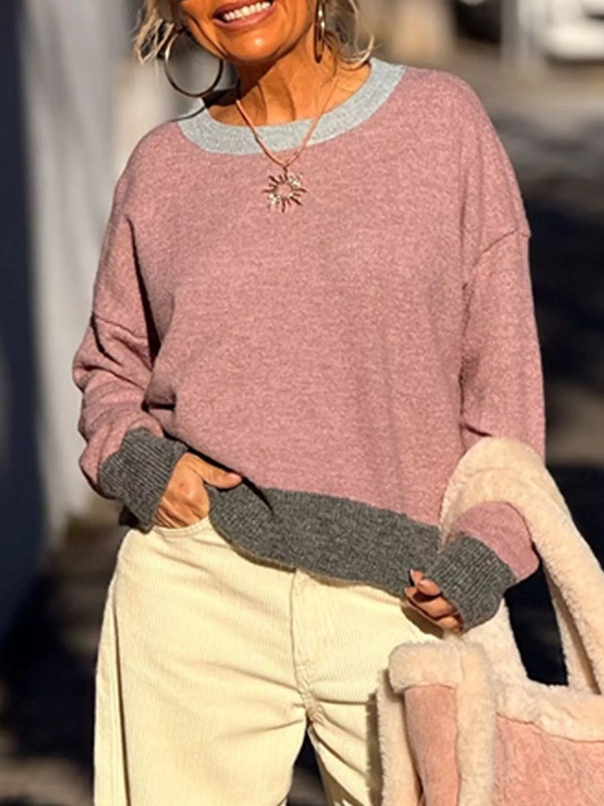 Contrast Trim Crew Neck Sweater - Sky Blue - View 6